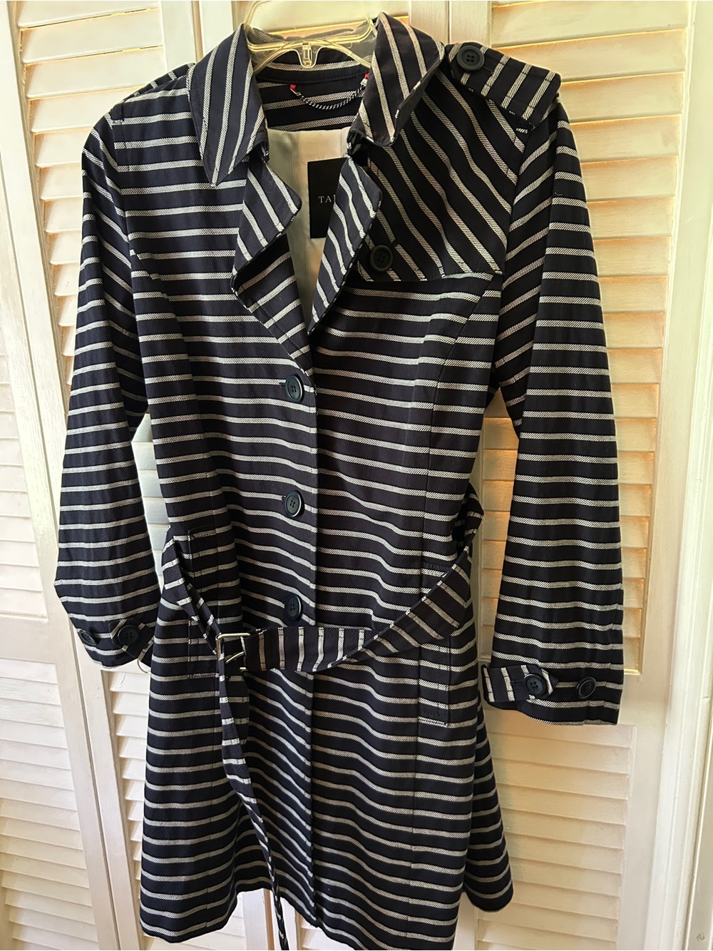 Striped Button Front Trench Coat in Navy and White by Talbots Size Medium Petite